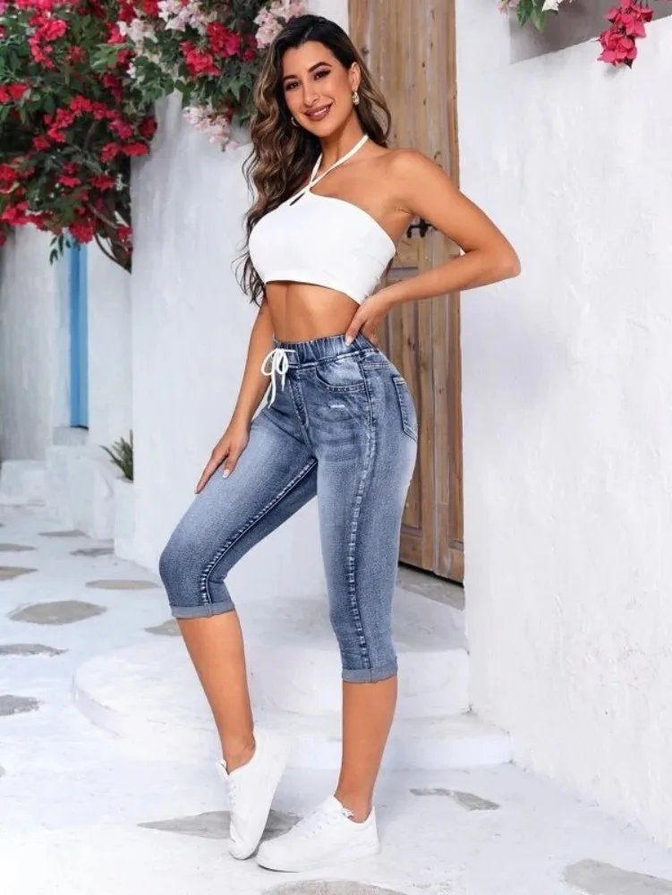 2023 New High Waist Ripped Calf-Length Jeans For Women Fashion High Stretch Elastic Waist Denim Pencil Pants Casual Skinny Jeans