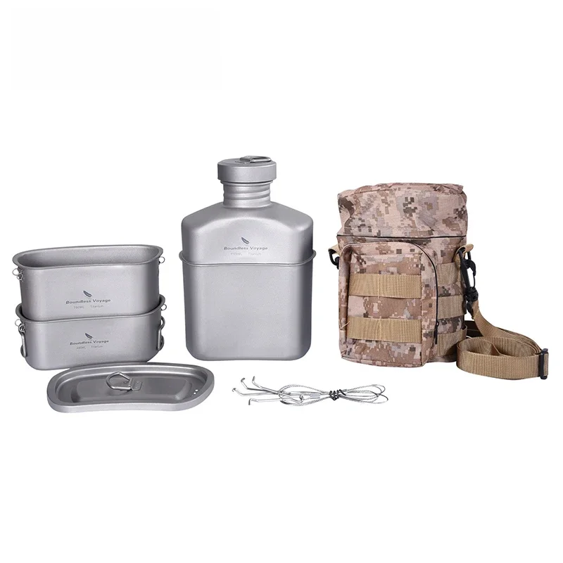 Boundless Voyage Outdoor Cookware Camping Titanium Military stołówka zestaw kubków 1100ml butelka 750ml Pot 400ml miska gotowanie zestaw nawigacyjny — 2