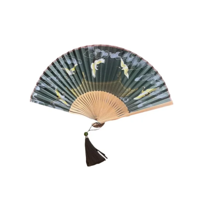 Mini Silk Folding Fan Portable Vintage Wood Fan Green Forest Collection Daily Home Decor Ornament Craft Gifts Hanfu Fans