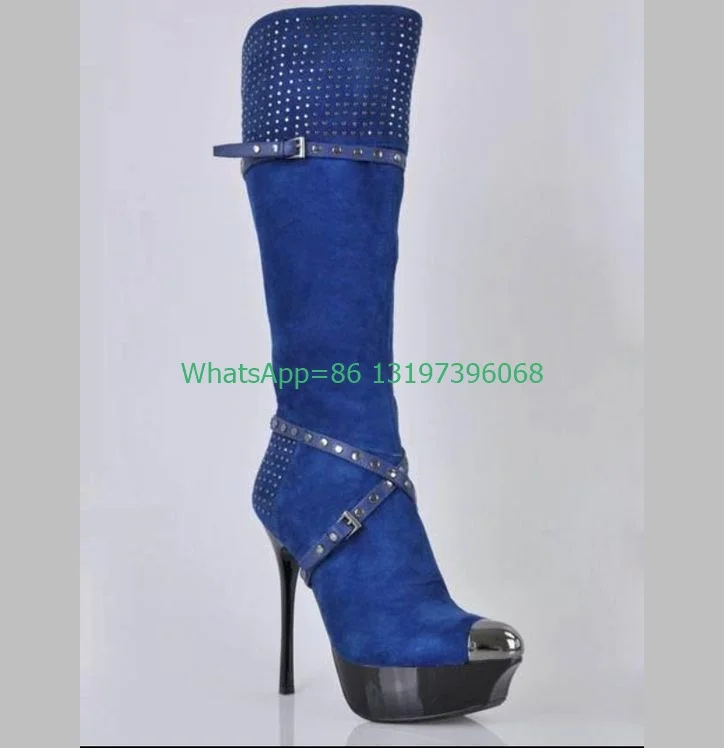 

Lady blue suede platform stiletto heel boots bucket strap metal design toe blue suede daily causal dress knee boots size 35-46