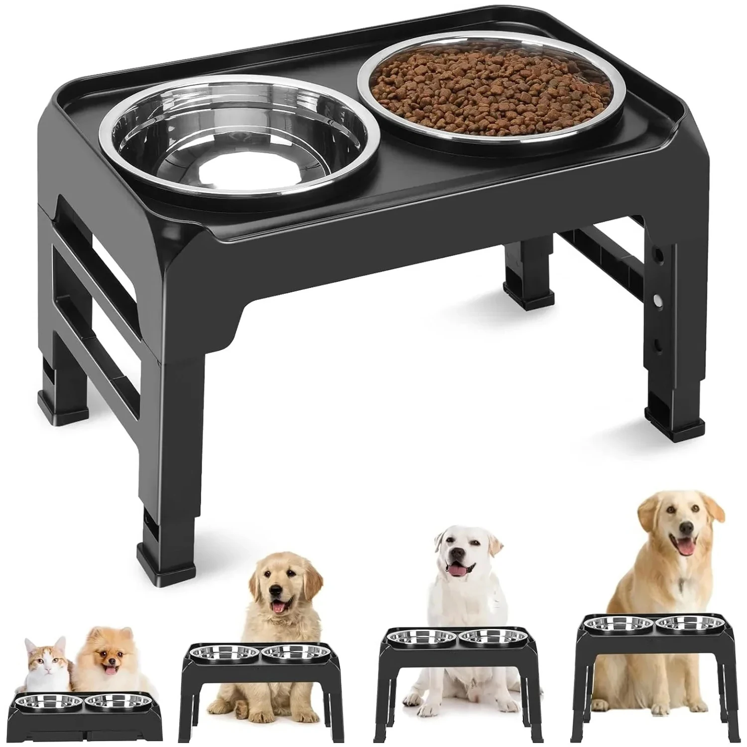Support pliable et réglable en hauteur pour gamelle de chien, avec 2 gamelles en acier inoxydable, distributeur de nourriture surélevé pour chien avec pieds antidérapants, support amovible pour gamelle de nourriture et d'eau pour chiens de petite, moyenne et grande taille, pour la maison et les voyages.
