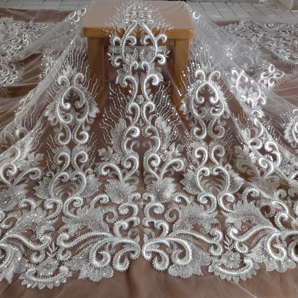 HelluyerDC White heavy beading lace fabric,large patterns 125cm width lace for fashion,wedding,evening,dance gown by the yard