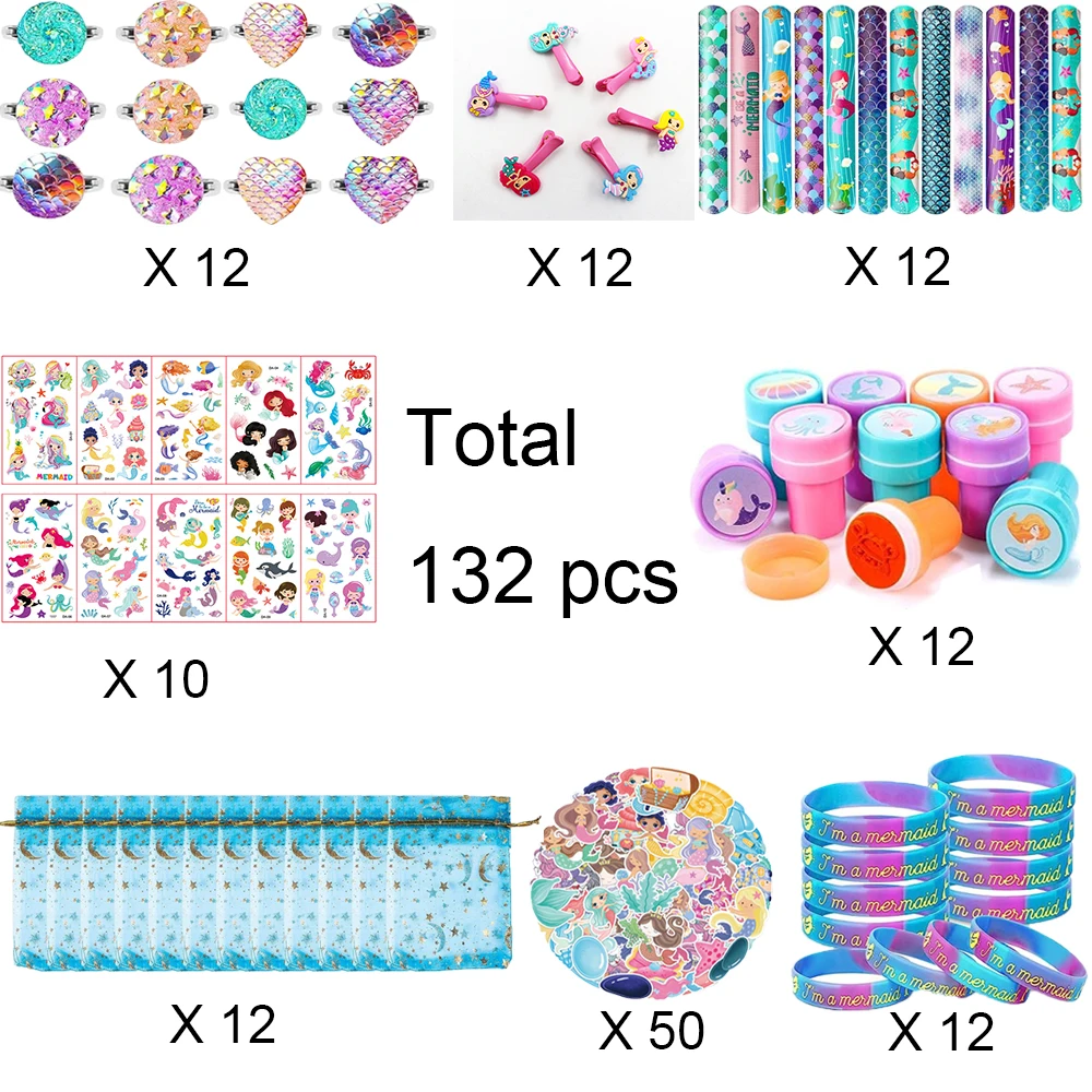 132 Pcs Girls Mermaid Party Favors, Mermaid Birthday Party Decor Toys, Small Drawstring Mermaid Favors Bags,