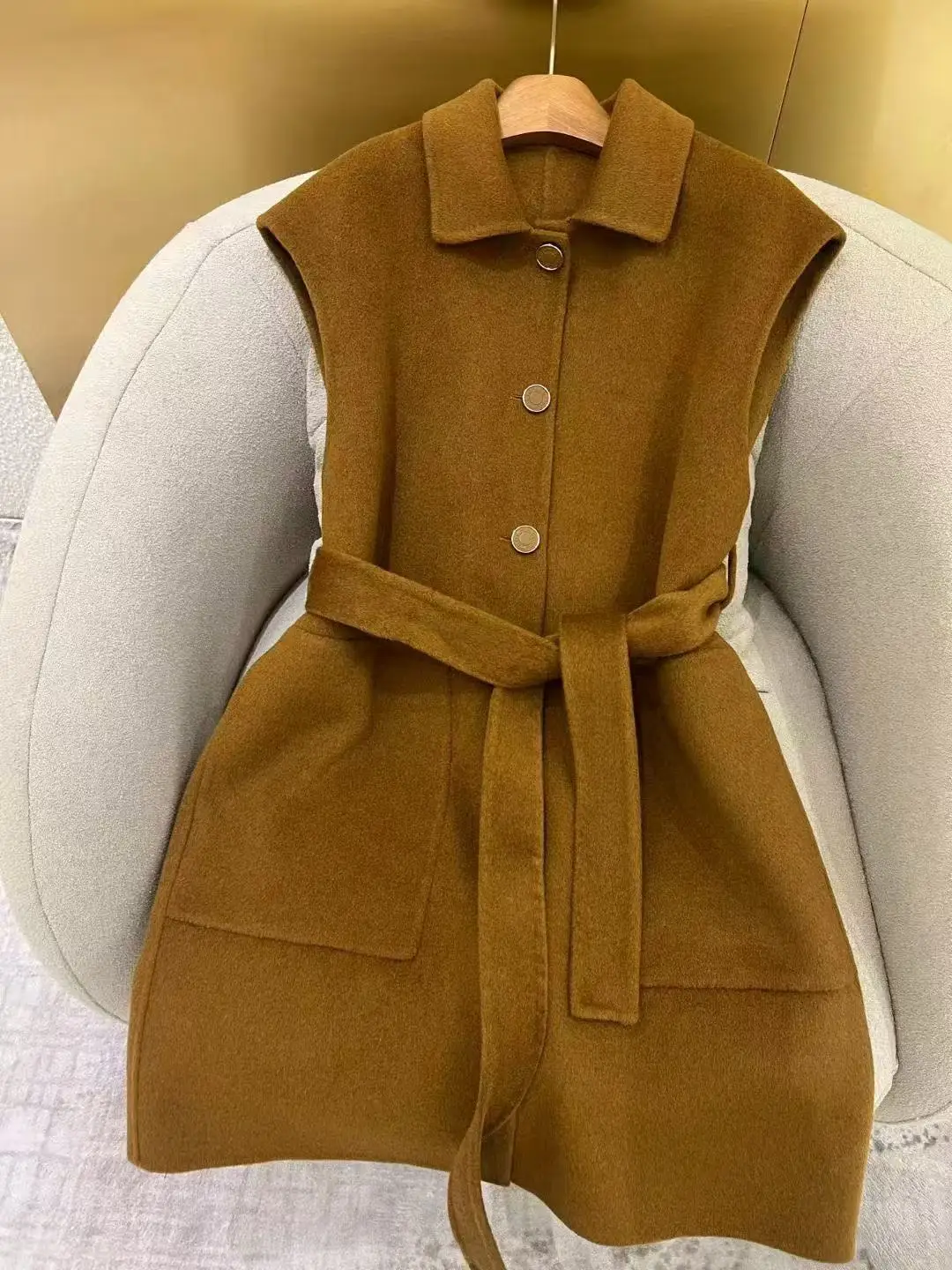 

Осень-зима однотонное роскошное шерстяное кашемировое пальто без рукавов