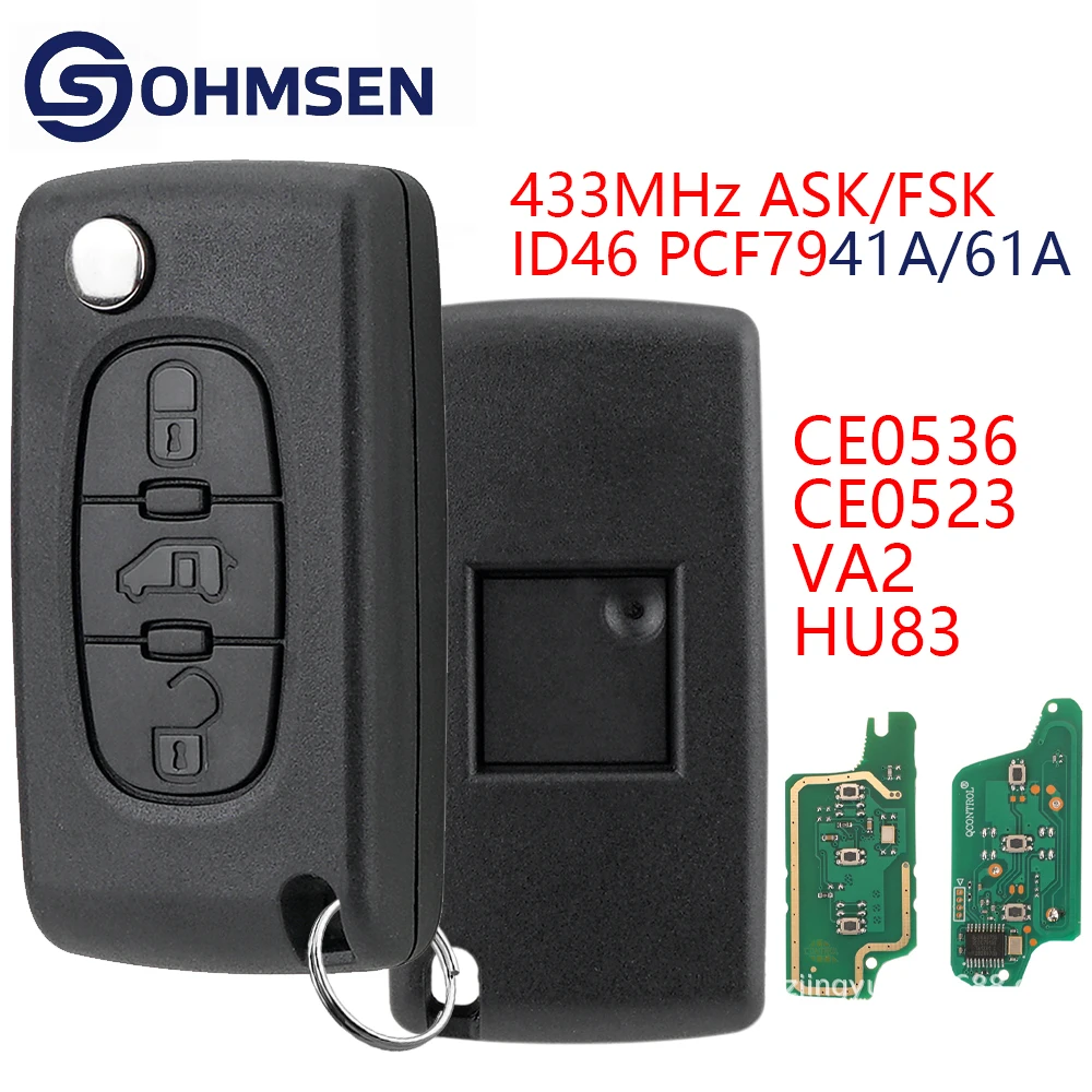 

OHMSEN For Citroen Peugeot Flip Remote Key Fob Ce0523/0536 433Mhz ID46 3B Dispatch Berlingo Expert Partner 207 307 308 3008 VAN