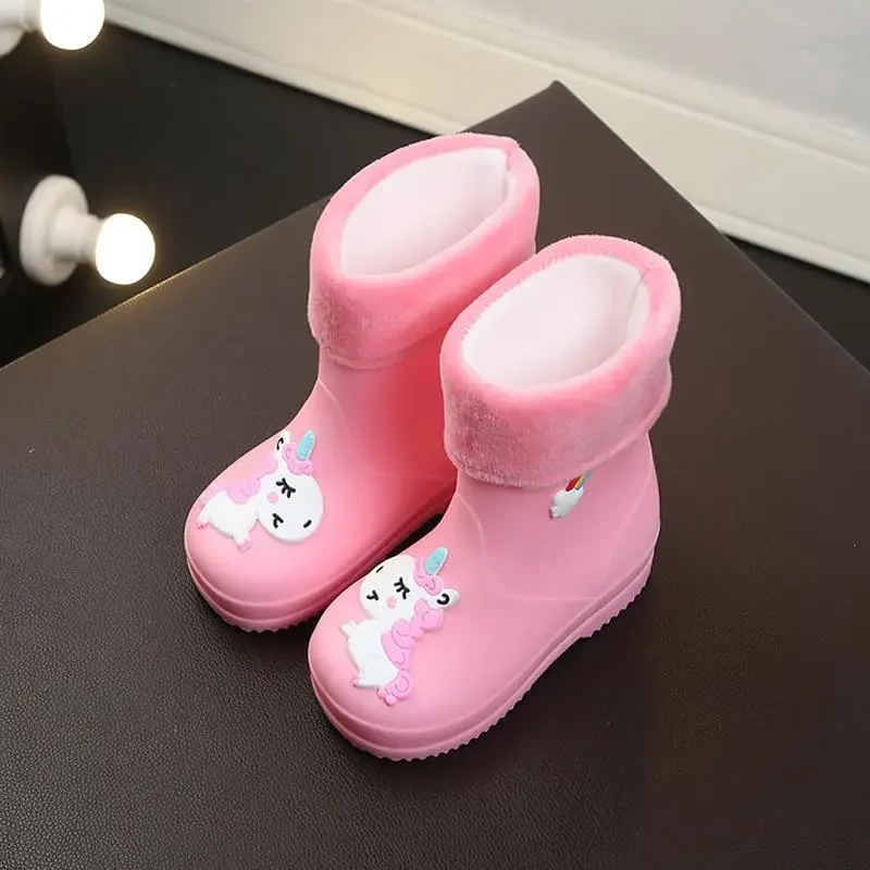 Nouveaux enfants bottes de pluie pour filles en caoutchouc bottes de pluie garçons bébé filles PVC chaud enfants chaussures imperméables Modis dessin animé licorne amovible