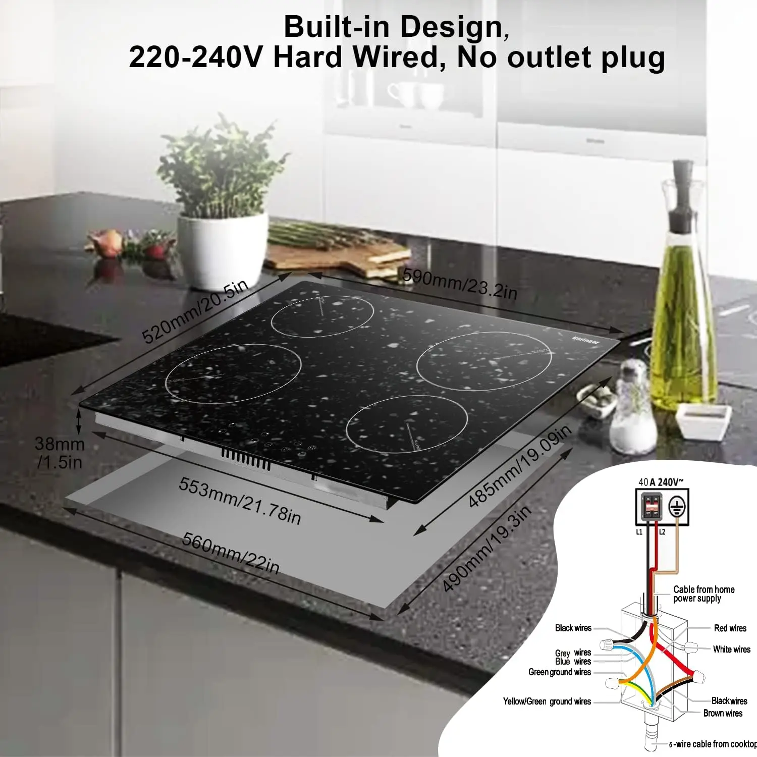 Karinear-Table de cuisson électrique de 24 pouces, 4 brûleurs, plaque de cuisson électrique encastrée avec surface à motifs en marbre, panneau en verre céramique