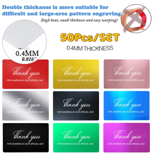 50 unids/set 0,4mm de espesor tarjetas de visita de Metal Diy grabado tarjeta DIY suministros de oficina espacios láser en blanco de aluminio para grabado