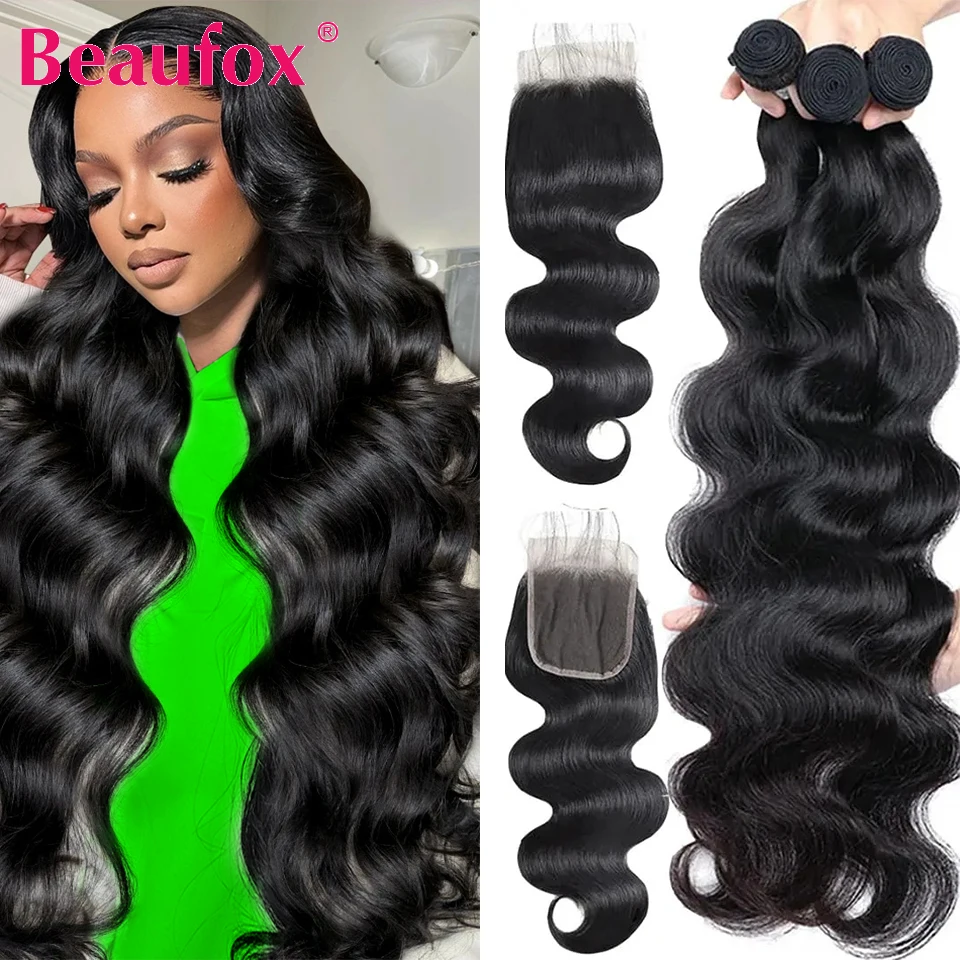 Beaufox Body Wave Bundles With Closure Human Hair Bundles With Lace Closure Brazilian Wavy Hair Weave Bundles With 4x4 Closure