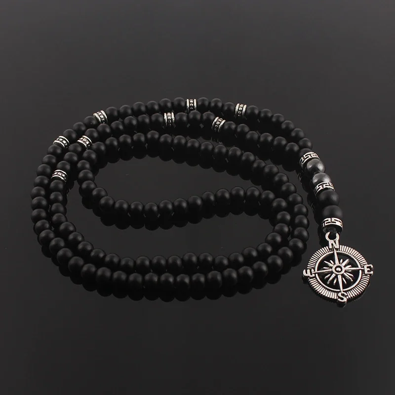 6mm Klassische Vintage Schwarze Lange Natürliche Stein Runde Perlen Halskette für Männer mit Kompass