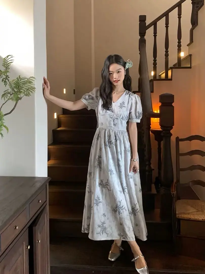 

Summer casual short sleeve women's linen printed dress