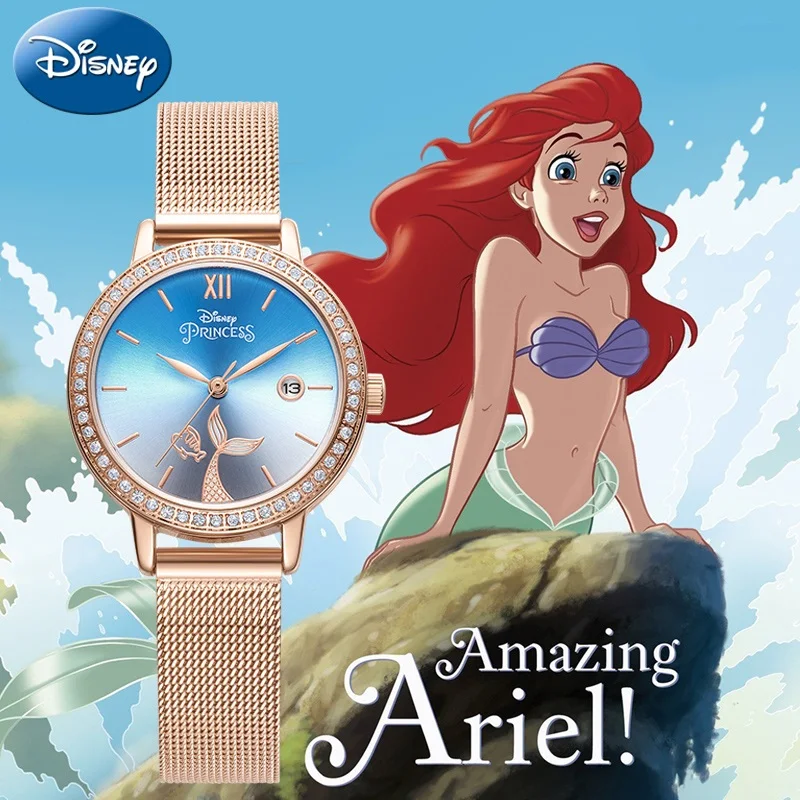 Disney Woman The Mermaid Princess Ariel いええ Casual Quartz Wristwatch Young Lady Girl Student Alloy Steel New Clock Date Luminous