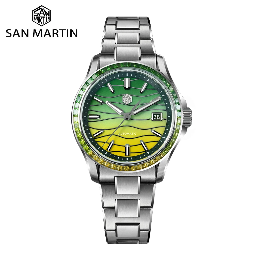 San Martin Watch 39mm Men Luxury Dress Miyota 9015 Automatic Mechanical with Gemstones Bezel Mop Dial 100m Waterproof SN0150