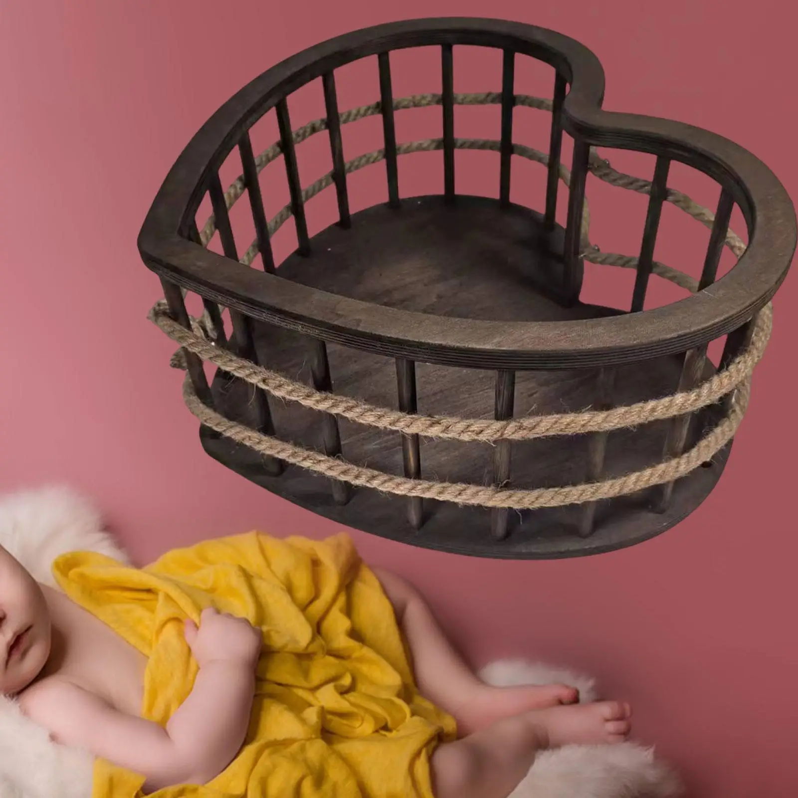 Newborn Basket for Photography Heart Shaped Wood Basin Wood Infant Photo Taking Accessories Baby Posing Basket for Newborn