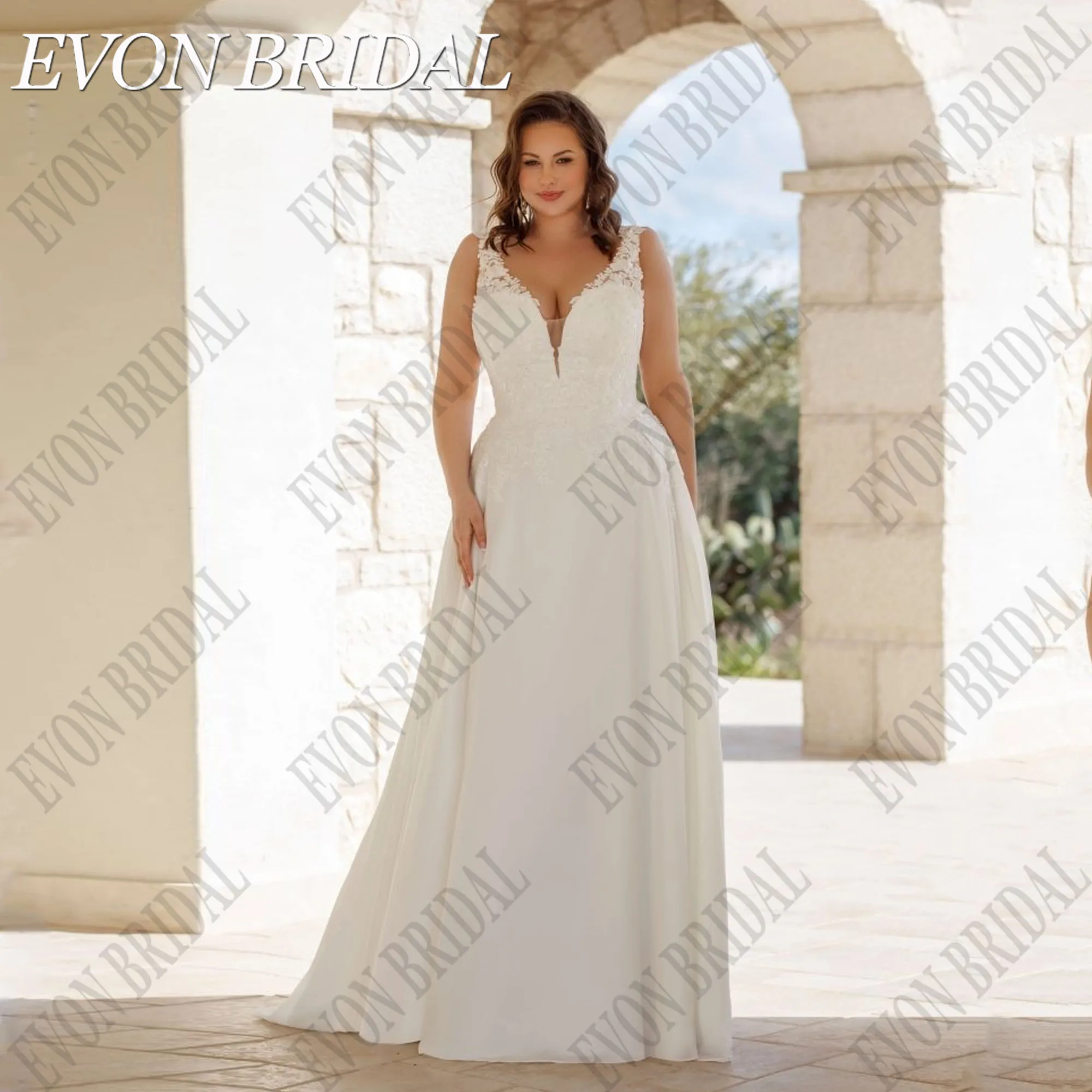 

EVON BRIDAL Customized Plus Size Chiffon Wedding Dress 2025 Bride Sleeveless Applique Backless robe de mariée Lace Bride Gowns