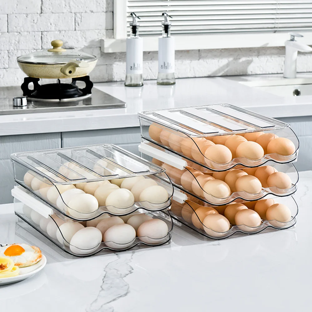 Automatic Scrolling Egg Large Capacity Storage Box Egg Basket Container Organizer Rolldown Refrigerator Egg Dispenser Kitchen