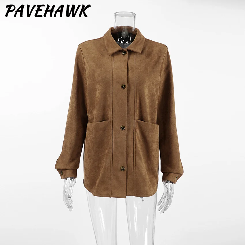 Women Solid Single Breasted Loose Coats Vintage Casual Autumn Winter Suede Jackets High Street Long Sleeve Lady Chic Outerwear