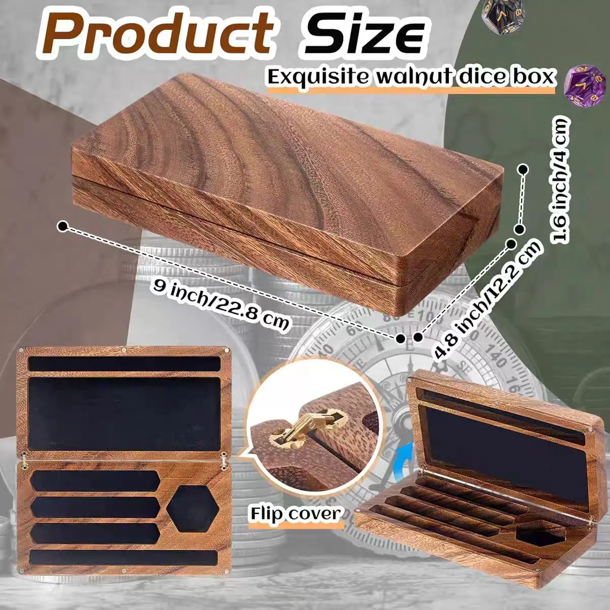 

Walnut dice box 4.8X9inch Handmade Wooden dice tray suitable for tabletop role playing games Easter Gifts Dice Storage Case