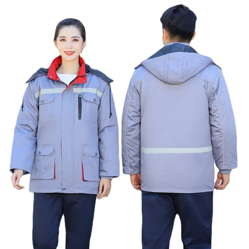 2026Winter Thick Cotton Padded Workwear Outdoor Cold Proof Worker Wadded Jacket Overcoat Reflective Safety Working Suit For Men