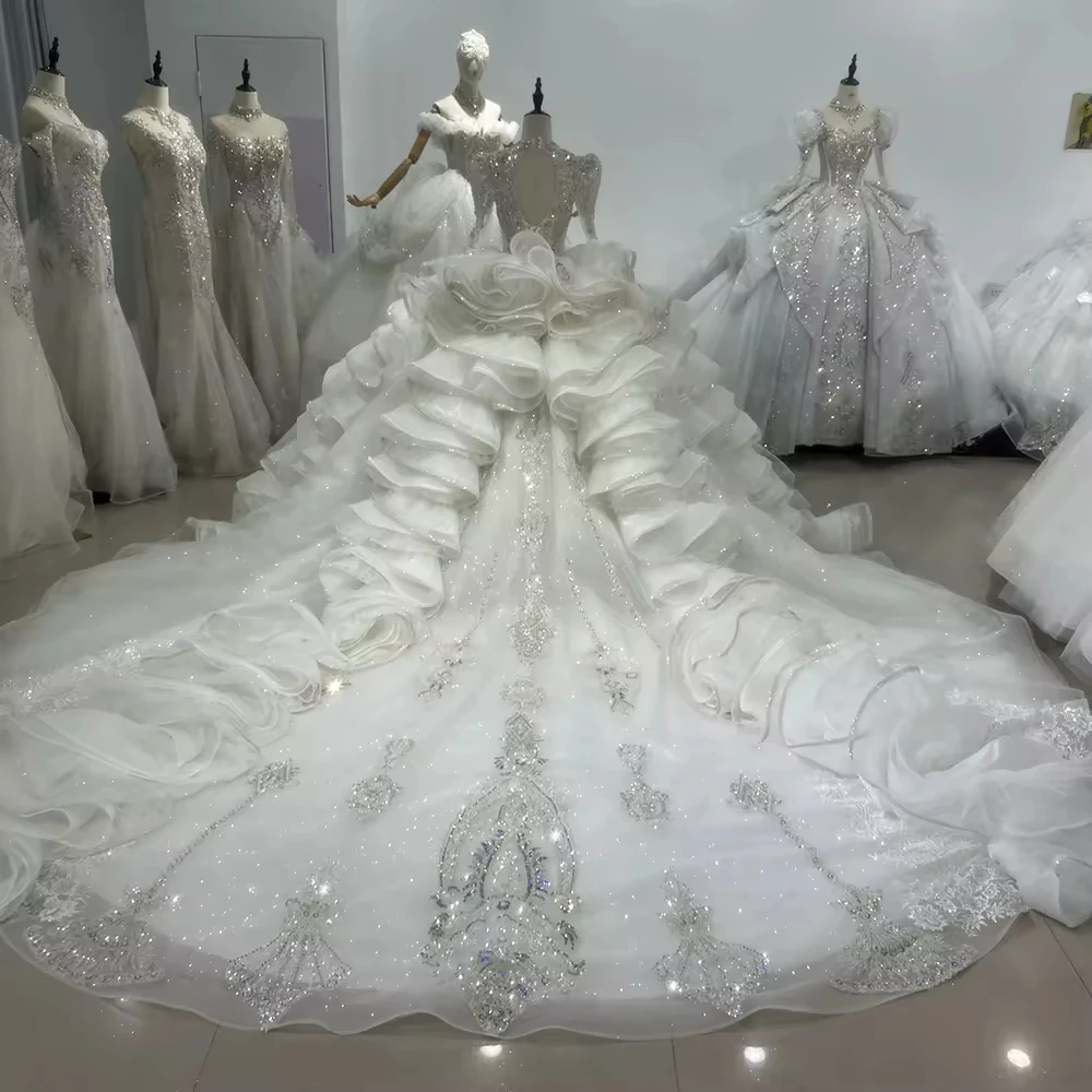 Robes De Mariée Sur Mesure Vestido de novia de manga larga con cuello en V Vestido de fiesta con cordones en la espalda Vestido de novia con cuentas y lentejuelas