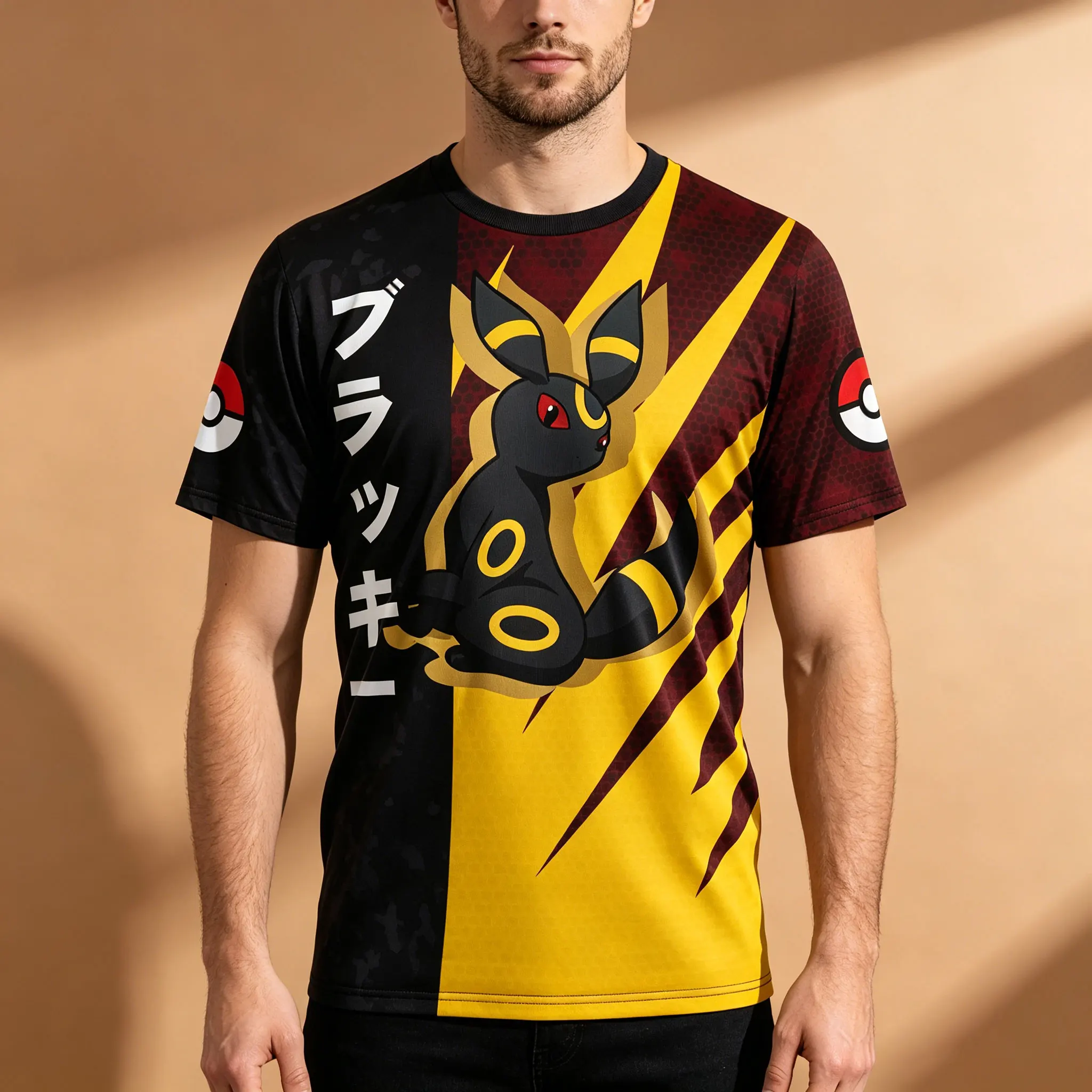 Herren-T-Shirt mit Pokemon Umbreon-Motiv, japanischer Text, vollflächiger Druck, kurzärmelig, atmungsaktiv, schnell trocknend, hochelastisch, Rundhalsausschnitt, Anime-Streetwear