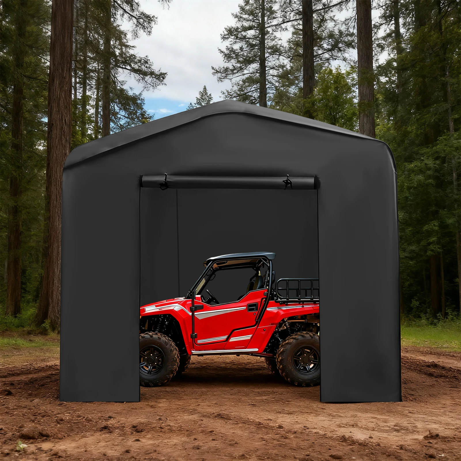 

Black Motorcycle Outdoor Storage Shed, Water-repellent Carport W/ Roll-up Door for Motorcycle, Bike, Garden Tools, Camping Gear