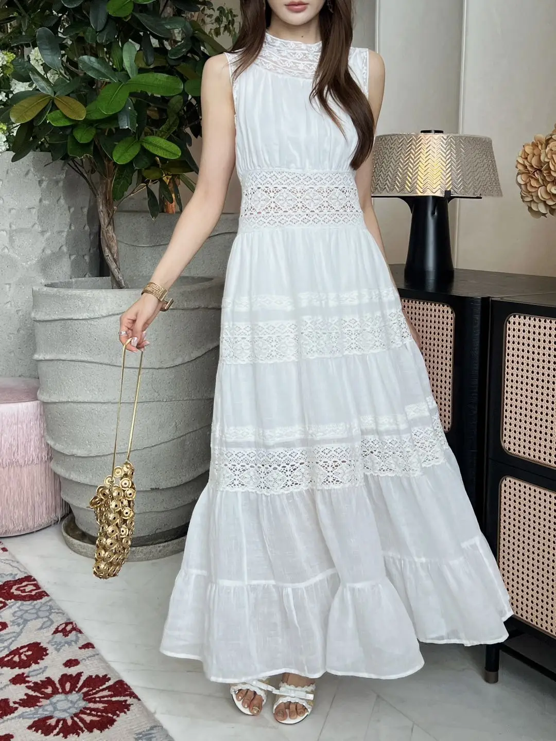 Women New Summer Grace Sweet 100% Linen Lace Embroidery Openwork Sleeveless Round Collar Slim Waist Tiered Ruched Long Dress