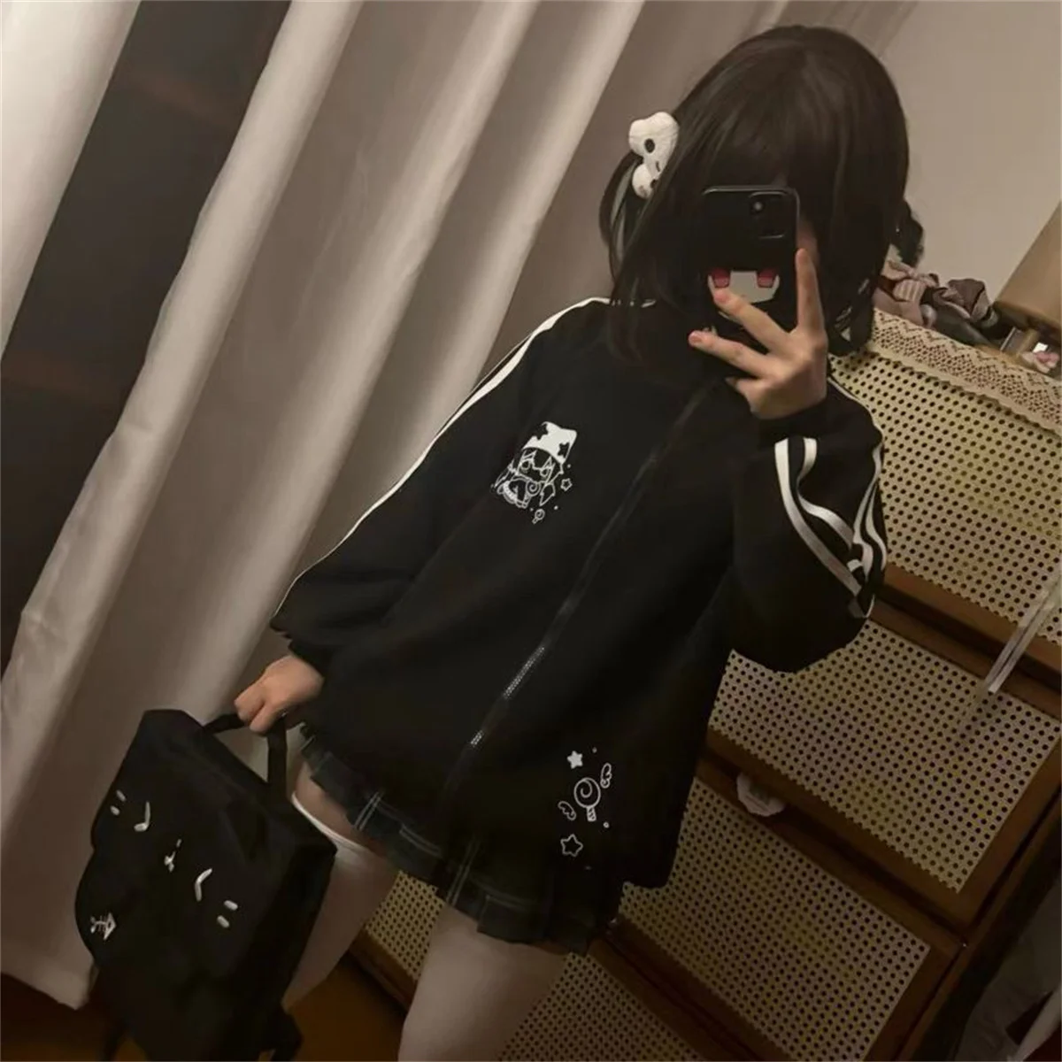 Preppy-Style Mode Niedliche Japanische Reißverschluss-Strickjacke Harajuku Punk Grunge Lockerer Umlegekragen Y2k Hoodies Lässige Sweatshirts – Detail 1
