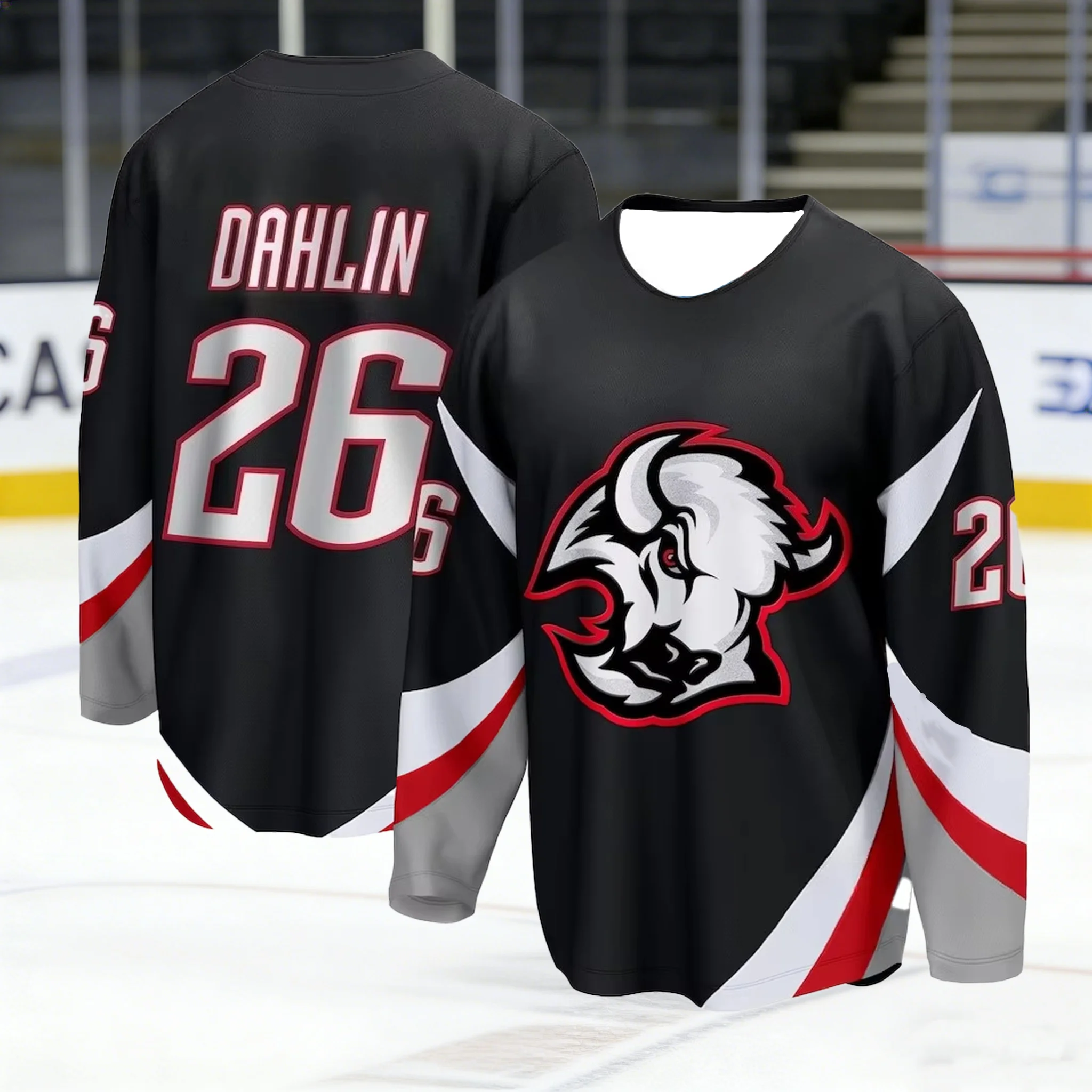 Men's Hockey Jersey Black with Red White Gray Accents #26 Bi
