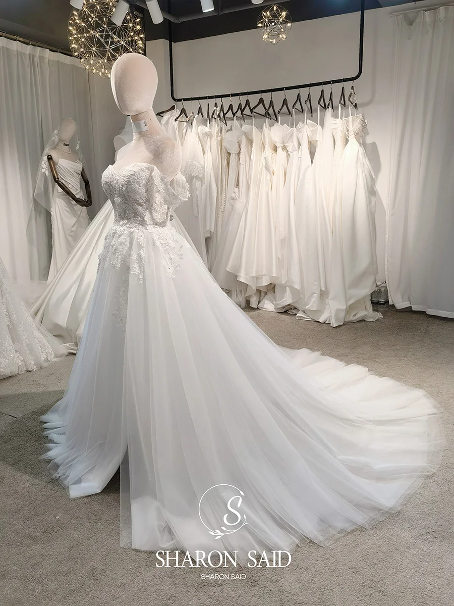 Sharon Said 2025 Gaun Pengantin A-line Tulle Bunga 3D 2025 Gaun Pengantin Sweetheart Tanpa Bahu Elegan AM026 Disesuaikan