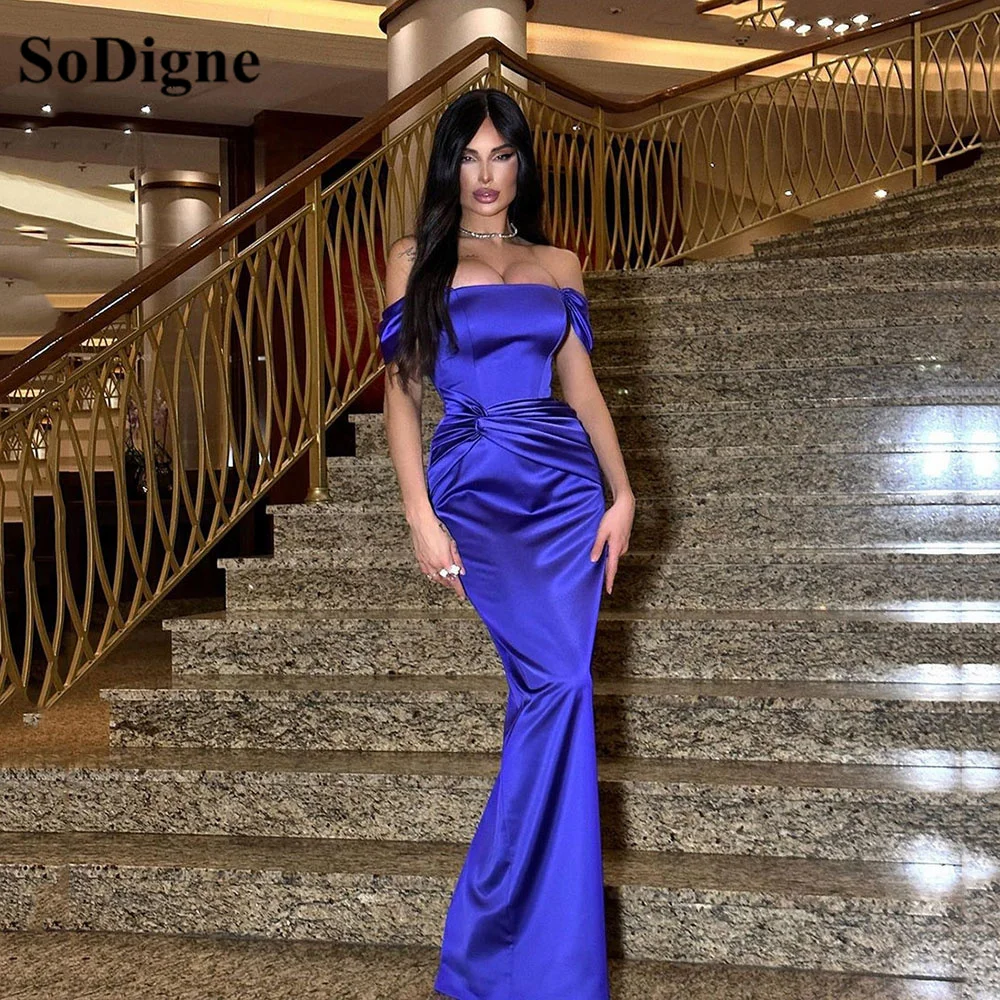 

SoDigne Mermaid Prom Dresses 2024 Off The Shoulder Pleat Floor Length Satin Elegant Formal Party Evening Gown For Women