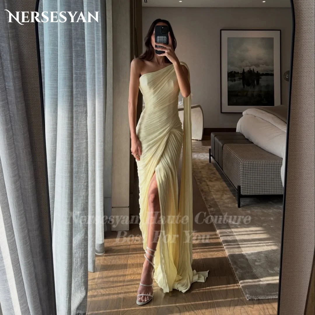 Nersesyan amarillo vestidos de noche de sirena de lujo un hombro plisado vestido Formal con abertura lateral 2026 vestidos para mujer personalizados