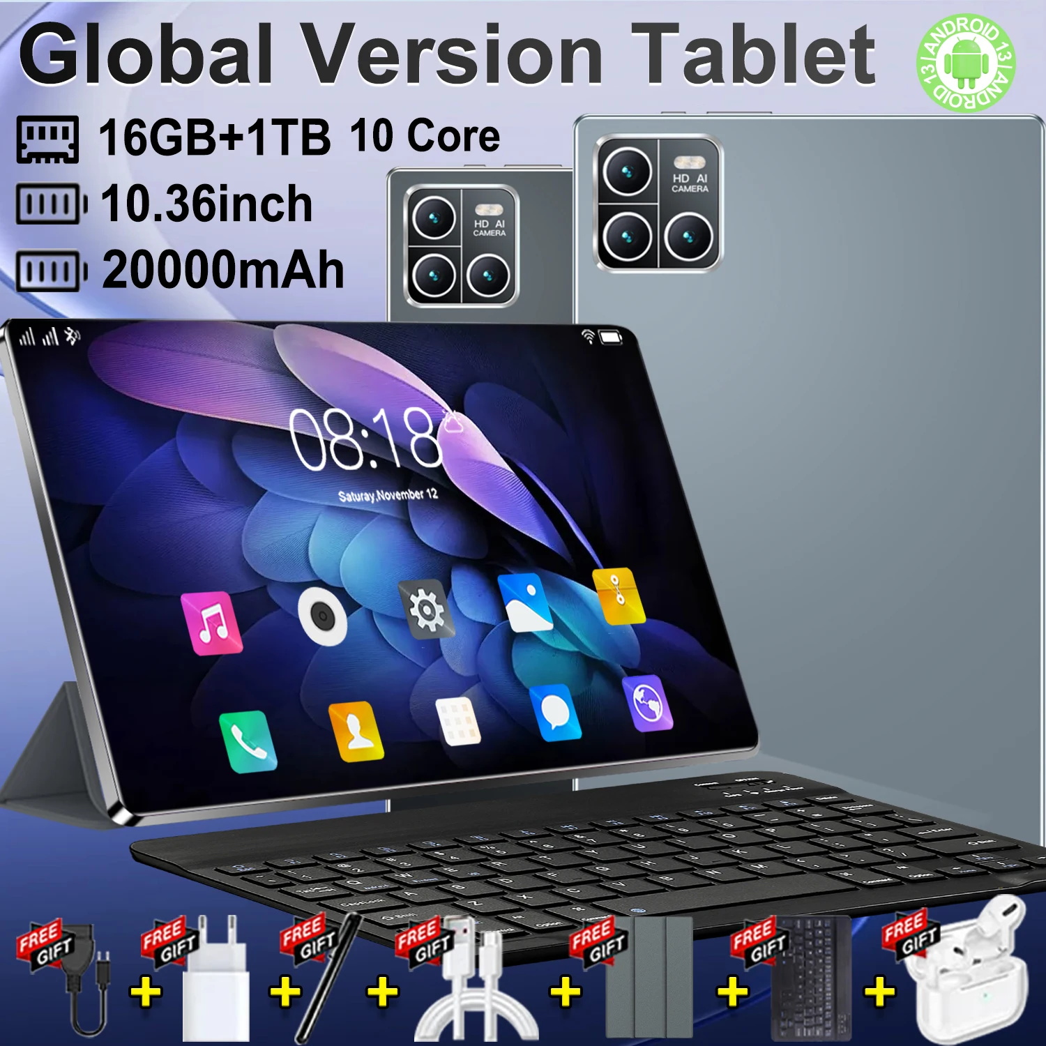 2026 New 5G Android 13.0 20000mAh Pad Pro13 16GB Ram 1TB Rom Bluetooth 14core WIFI Office GPS HD Tablet with keyboard 10.36-inch