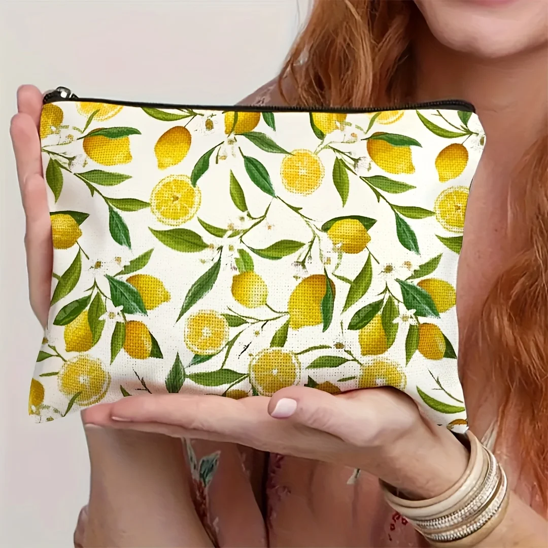 1Pc Spring and Summer Fruit-Themed Cute Lemon Retro Design Multifunctional Travel Makeup Bag, Snack Storage Bag, Stationery Storage Bag, Fashionable Toiletry Bag, Canvas Double-Sided Printed Zipper Pouch