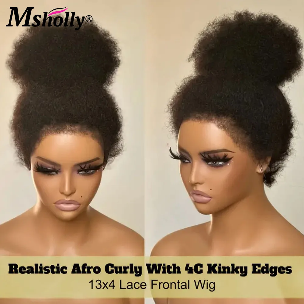 Mongolian Curly Wigs com nós branqueados para mulheres, 100% cabelo humano, peruca frontal de renda, 4c Edges, peruca brasileira, afro Curly Wigs, 13x4