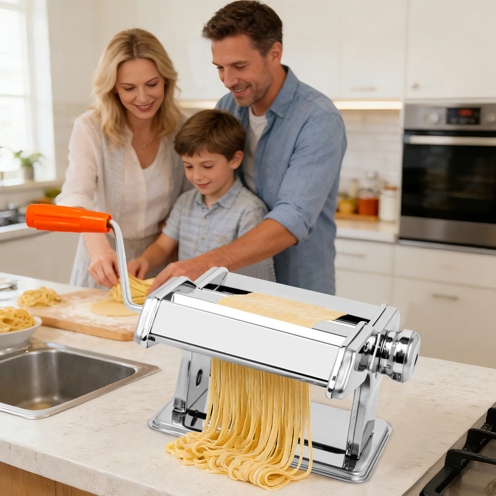 Close-up of stainless steel pasta maker rollers showing textured surface for sauce absorption