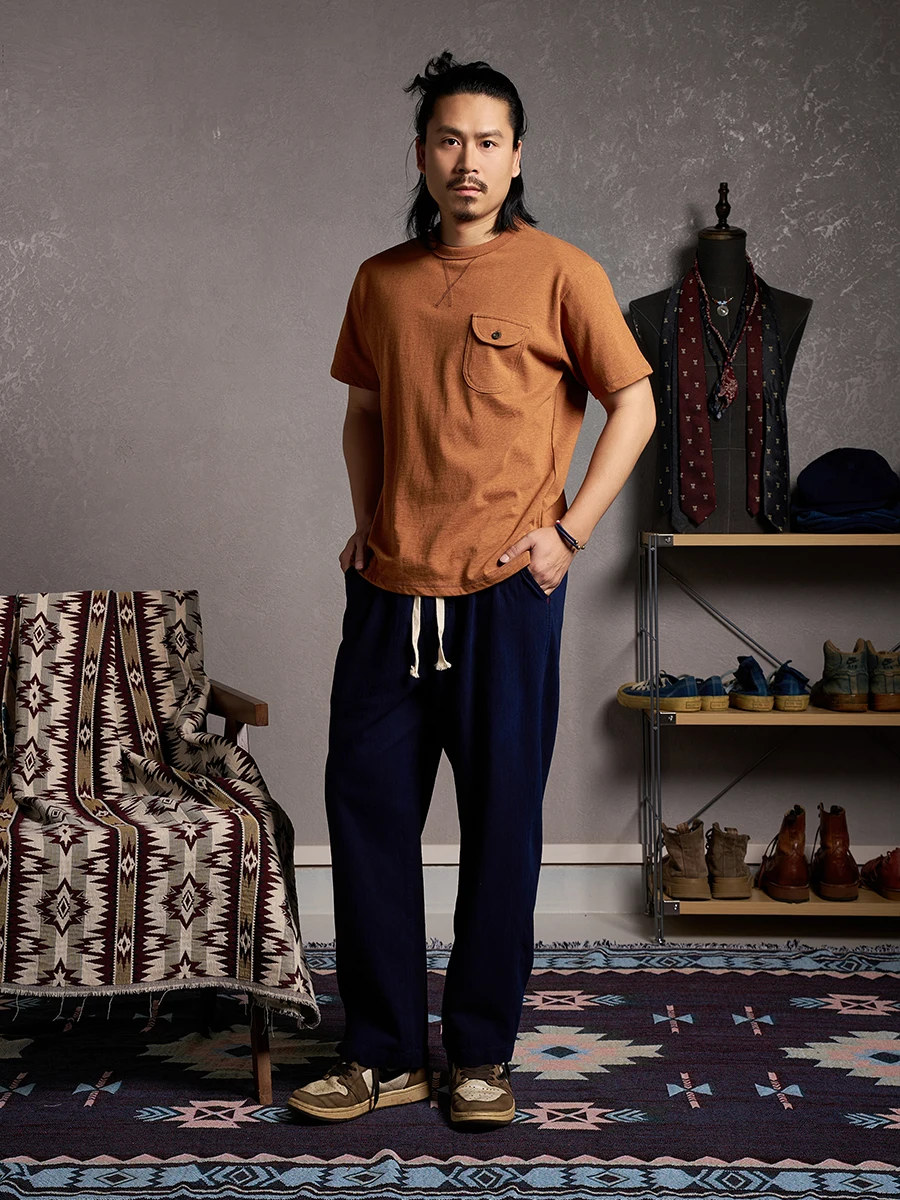 

2025 New Summer Vintage Cotton Casual T-Shirt Men Orange Short Sleeve T-Shirt Basic Soild Round Neck Pocket T-Shirt