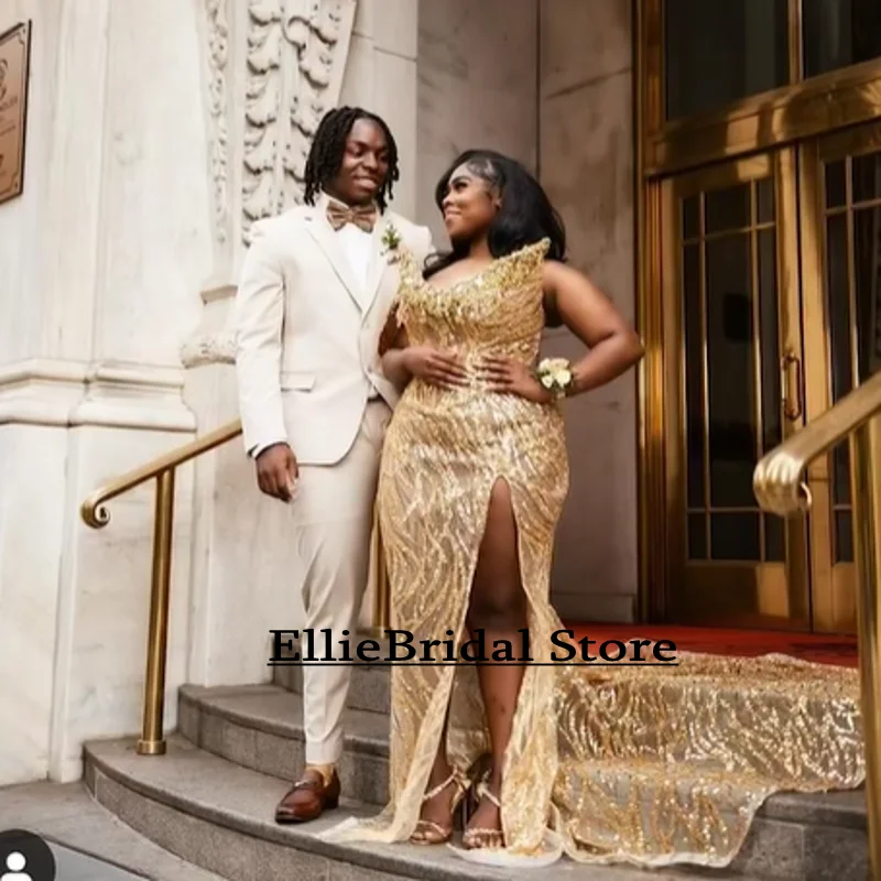 African Gold Sequin Prom Dresses 2025 Crystal Beading Plus Size Mermaid Evening Gowns See Through Party Dress Long Customized
