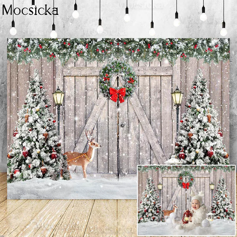 Christmas Wood Board Photography Backdrop Family Portrait Background Christmas Tree Reindeer Winter Snow Photocall Photo Studio