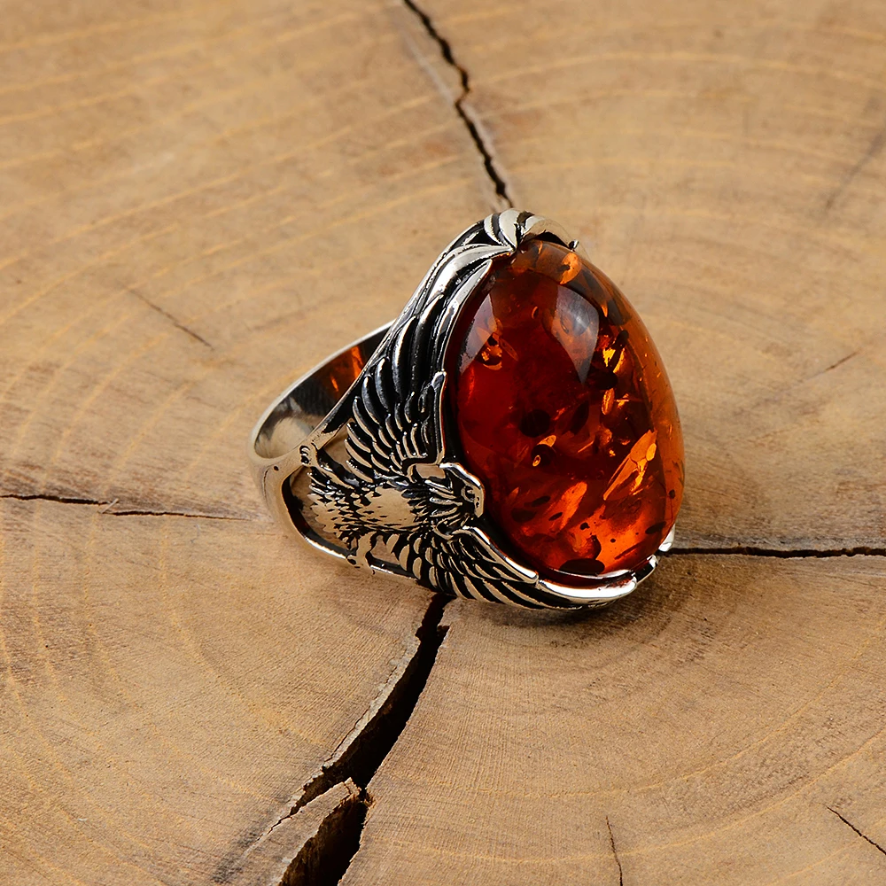 Men Silver Eagle Ring, Amber Oval Gemstone Mens Ring  Eagle Figured Ring  Ottoman Jewelry  925 Sterling Silver Ring