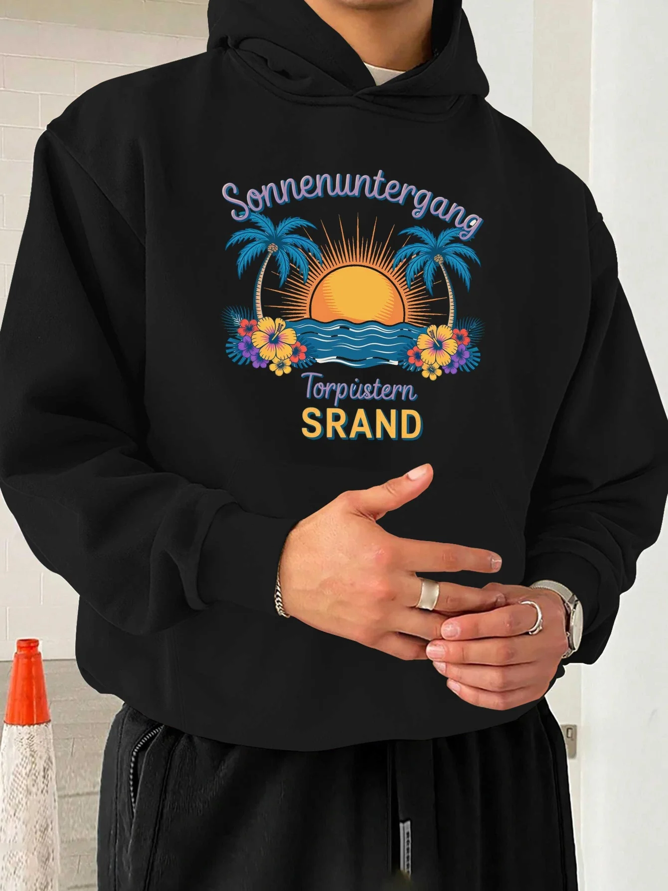 

German Quote Tropical Sunset Beach Graphic Men'S Hoodie Casual Long Sleeve Sweatshirt with Palm Trees Sun Design