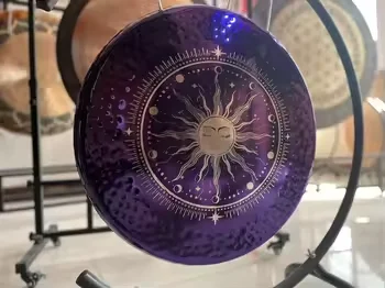 Alloy Gong 65cm Engraved Sun Moon Phase , Purple Celestial Gong for Sound Healing, Sound Bath Meditation Percussion Instrument