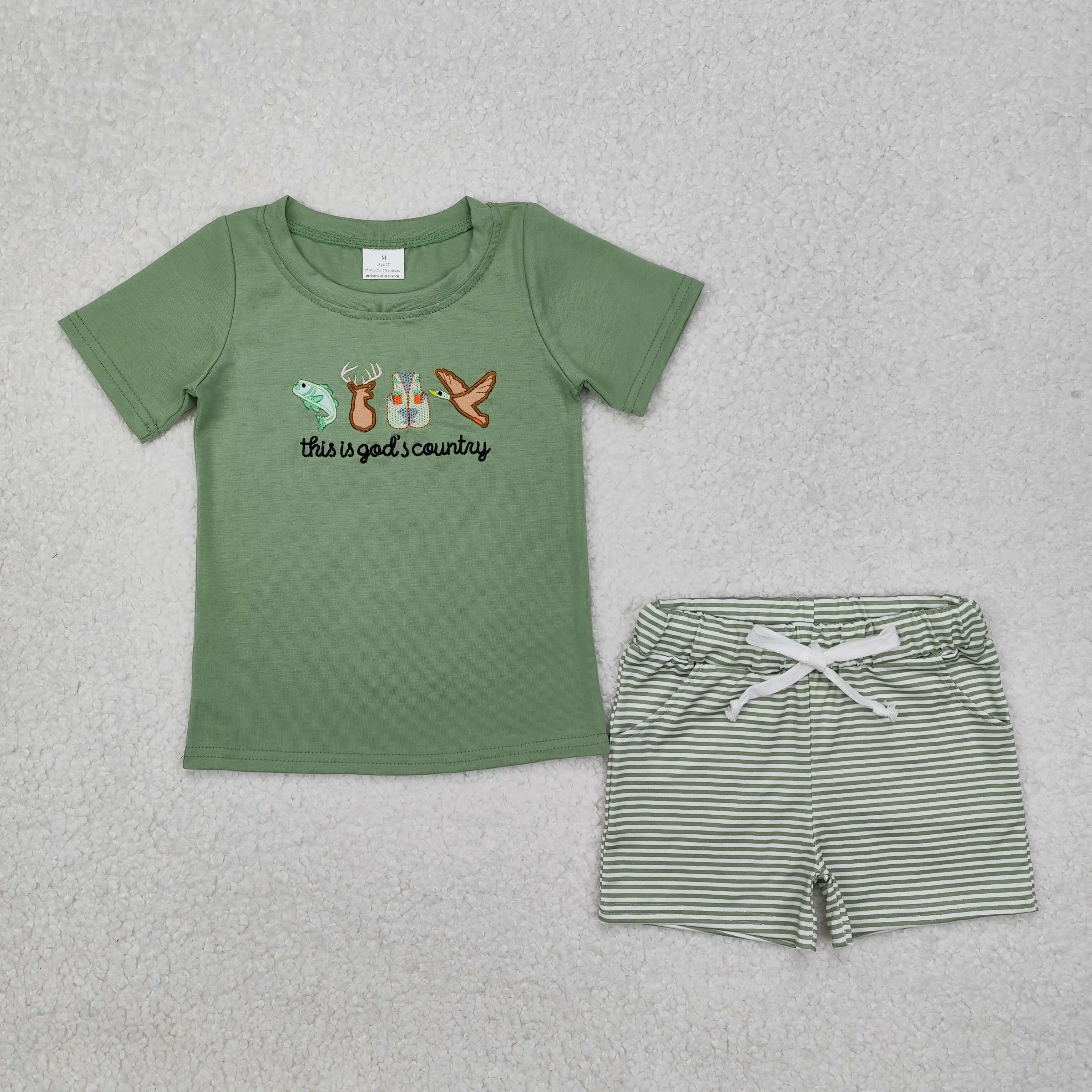 Fashion Embroidered Baby Boys God's Country Fish Deer Vest Duck Green Short Sleeve Striped Shorts Suit Wholesale Kid Clothes