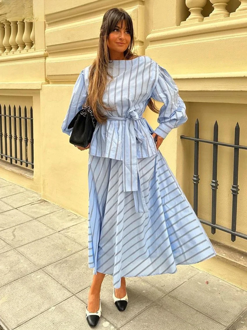 Clacive Mode Losse Streep Print 2-delige sets Dames Outfit Elegant shirt met lange mouwen en hoge taille Enkellange rokset - afbeelding 2