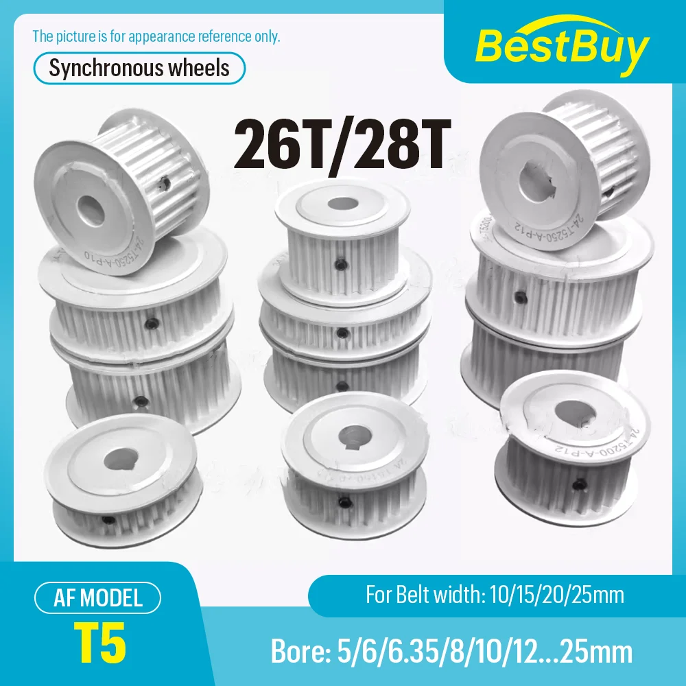 T5 Pulley AF Groove 26T/28T Width 10/15/20/25mm Hole 5/6/6.35/7/8/10/12/12.7-25mm Two-Side Flat Synchronous Pulley