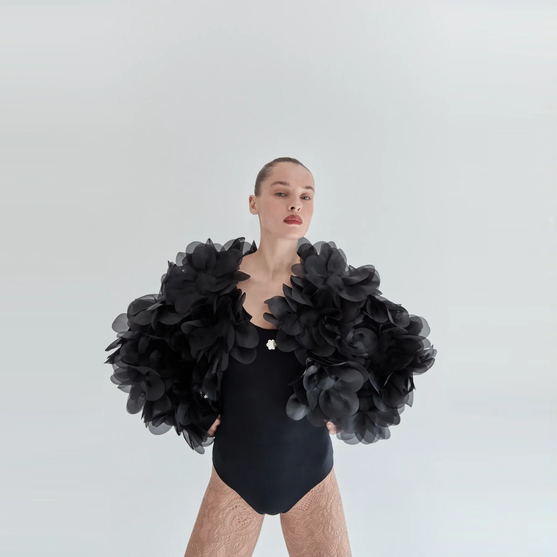 

Black Floral Blouse Full Sleeves Short Length Handmade Layered Women Tops Organza Tiered