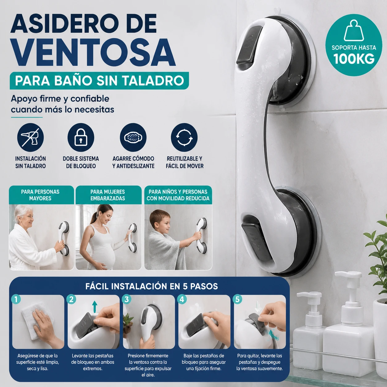 Barre d'appui pour salle de bain avec ventouse sans perçage, système de double verrouillage et poignée ergonomique antidérapante, modèle amovible et réutilisable avec dimensions 30x8x9,5 cm, adapté aux personnes âgées, aux femmes enceintes, aux enfants et aux personnes à mobilité réduite.