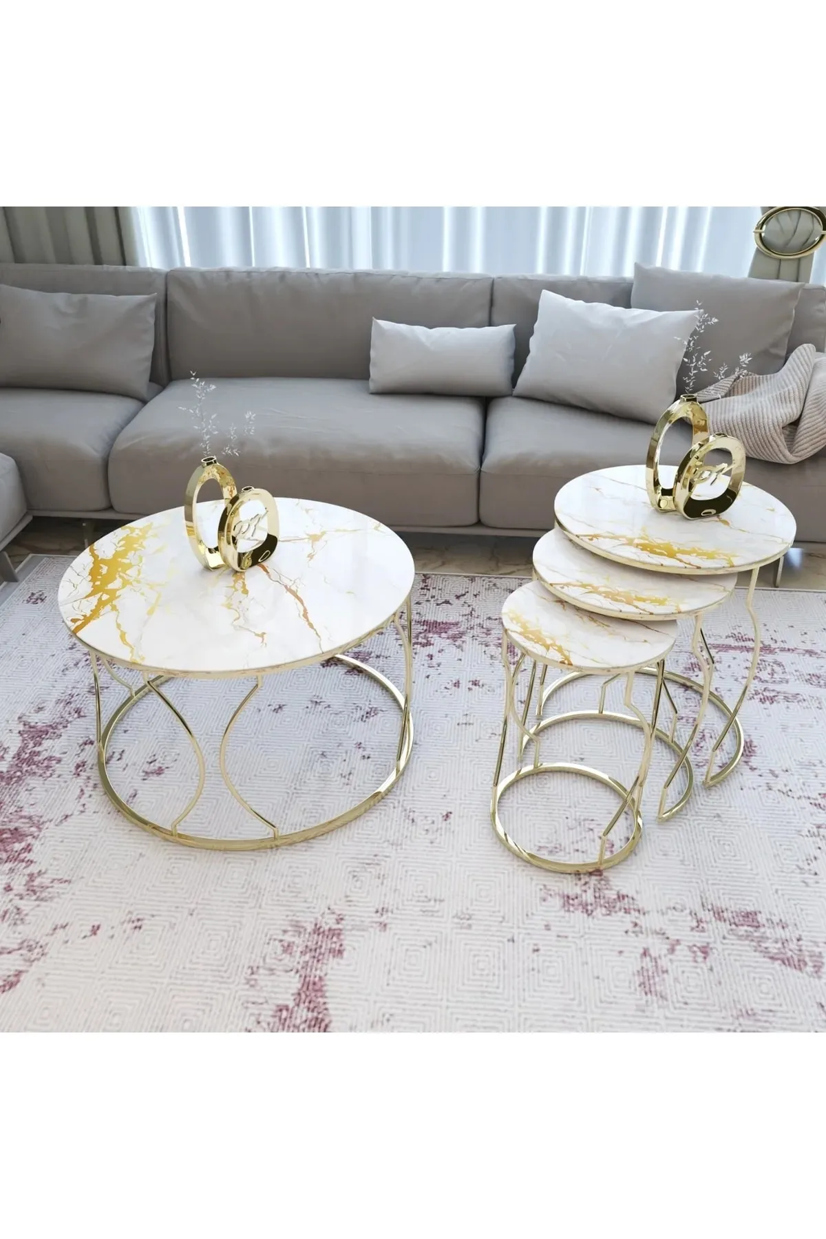 Quad Coffee Table Set Gold Silver Copper Color Metal, Bronze, Smoked Mirror and Marble Patterned Tea Coffee Table Set