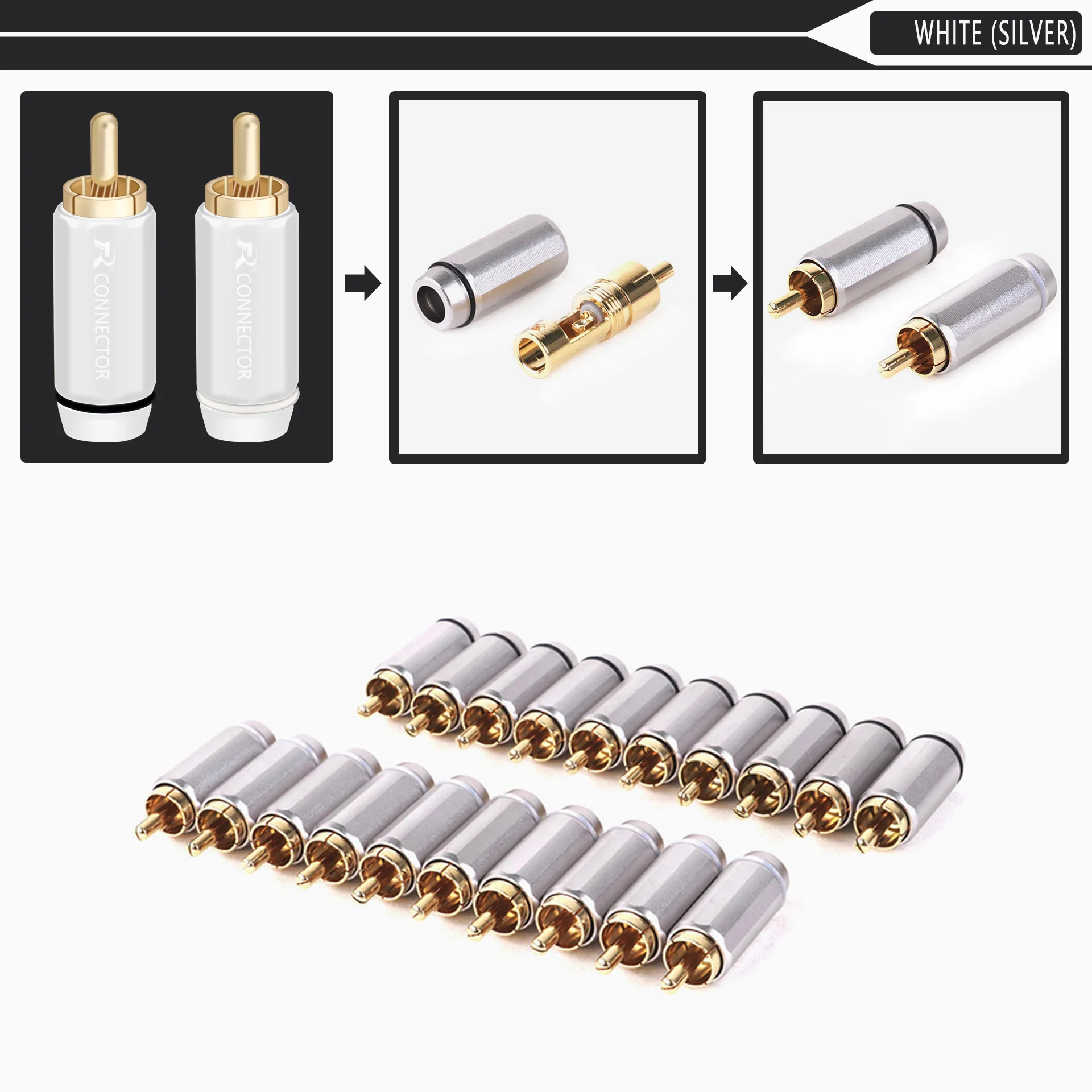 10pcs/lot RCA Connector Gold Plated RCA Male Plug High Quality Speaker Jack Plug RCA Cable Wire Connector 5Pairs Black+White