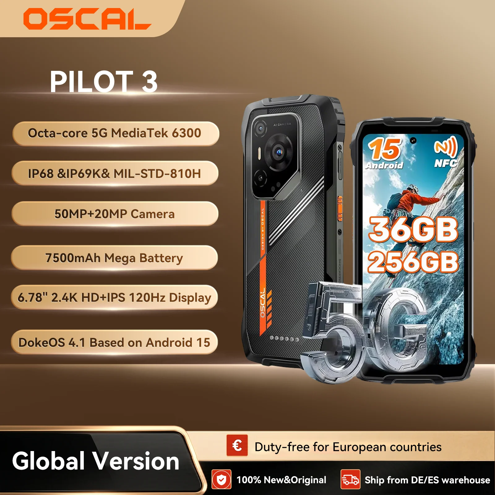 Teléfono Resistente OSCAL PILOT 3, Teléfono Inteligente Resistente con Android 15, 5G Dimensity 6300, (12+24) GB de RAM, 256 GB de ROM, Pantalla de 6.78 Pulgadas y 120 Hz, 7700 mAh